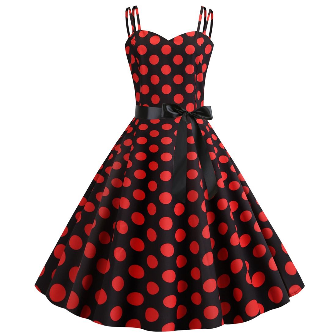 Womens 50s 60s Vintage Sleeveless Red Polka Dot A-Line Cocktail Party Dresses