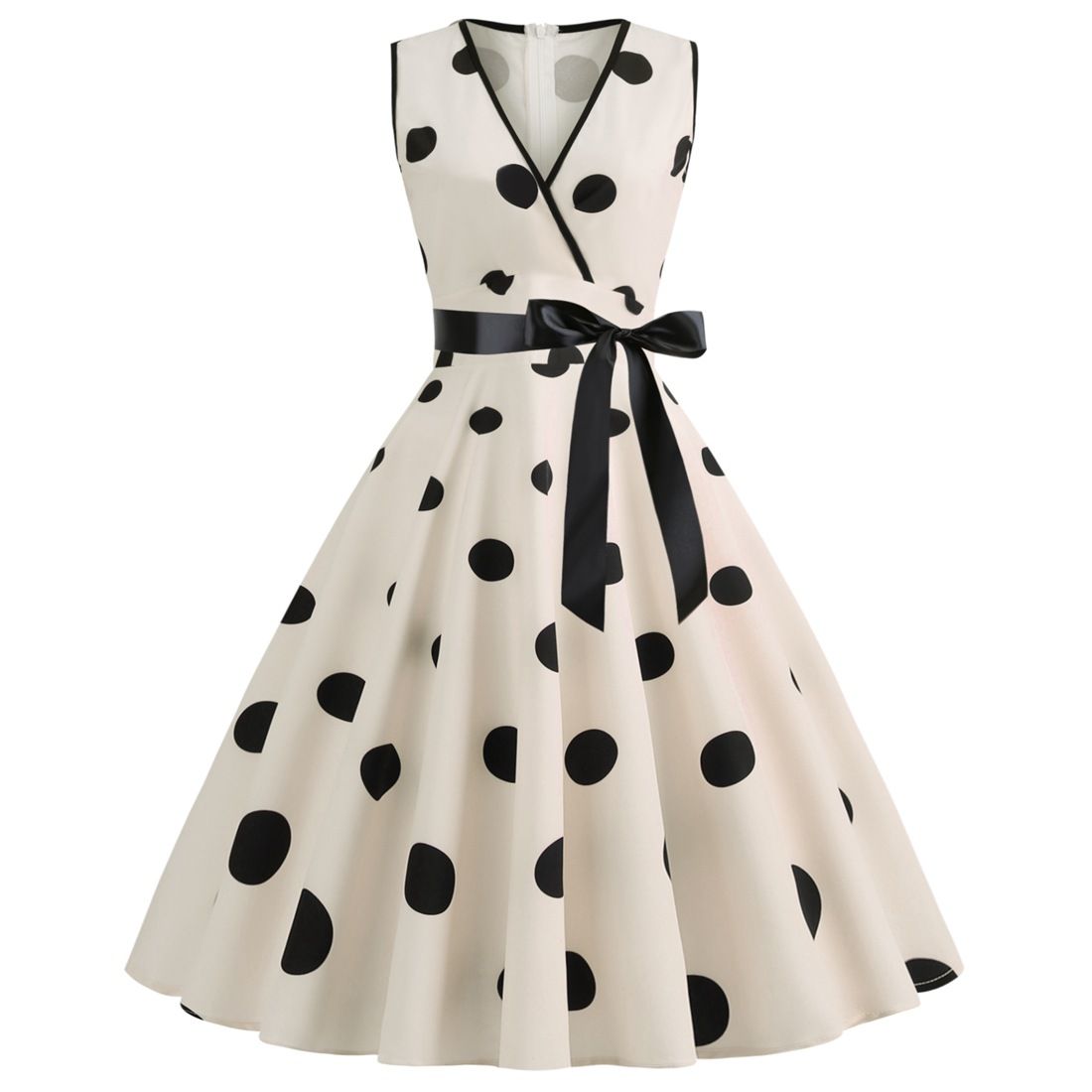 Womens 50s Vintage Retro Rockabilly Sleeveless V Neck Cocktail Party Swing Dress Beige