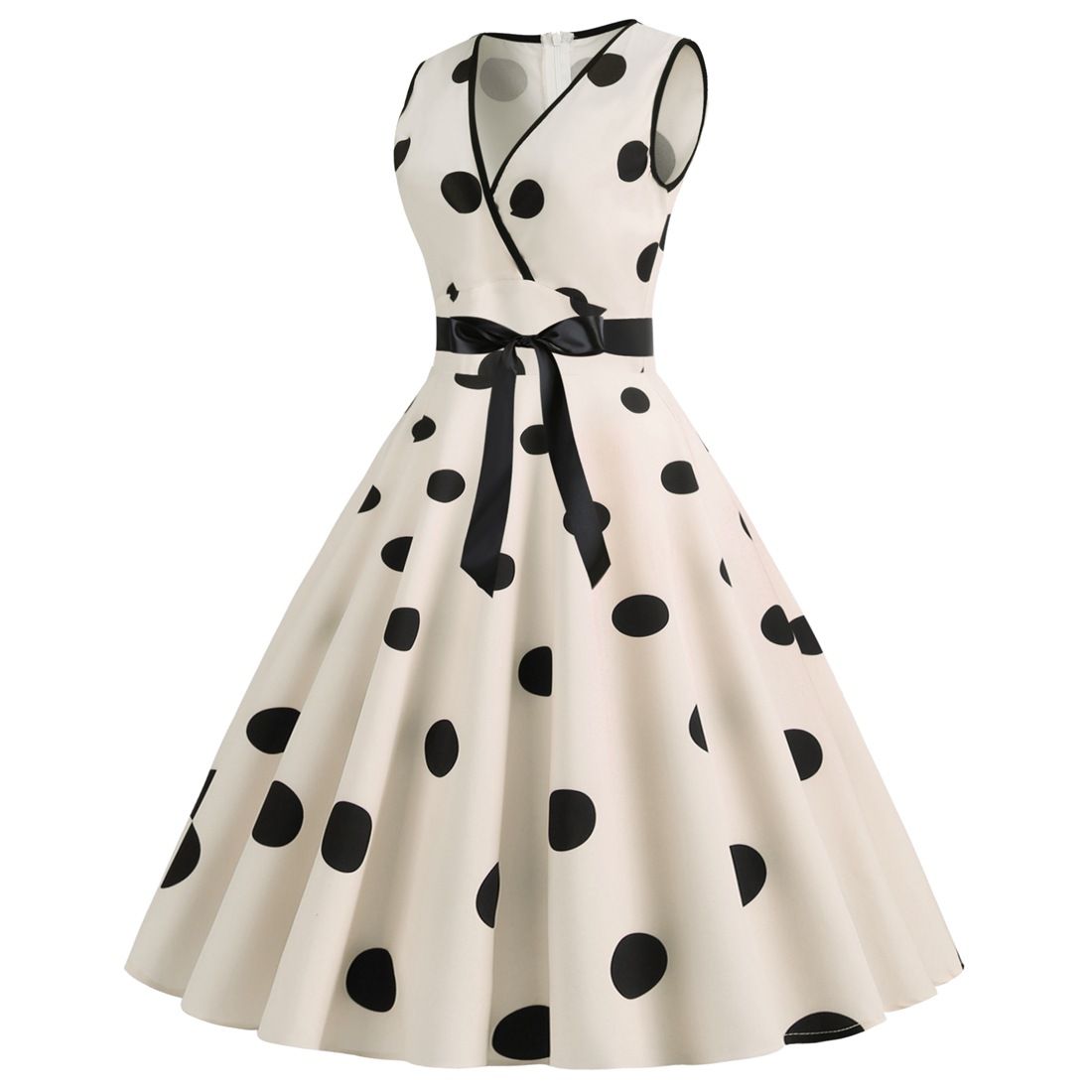 Womens 50s Vintage Retro Rockabilly Sleeveless V Neck Cocktail Party Swing Dress Beige