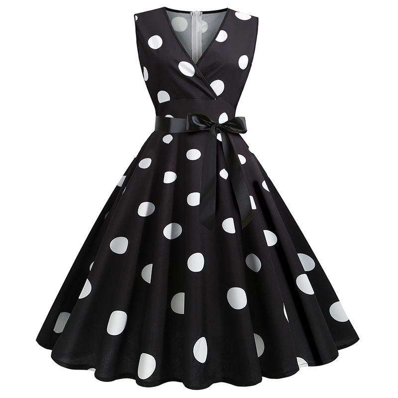 Womens 50s Vintage Retro Rockabilly Sleeveless V Neck Cocktail Party Swing Dress Black
