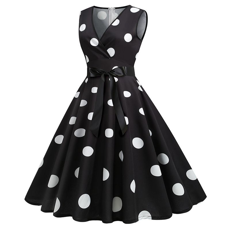 Womens 50s Vintage Retro Rockabilly Sleeveless V Neck Cocktail Party Swing Dress Black