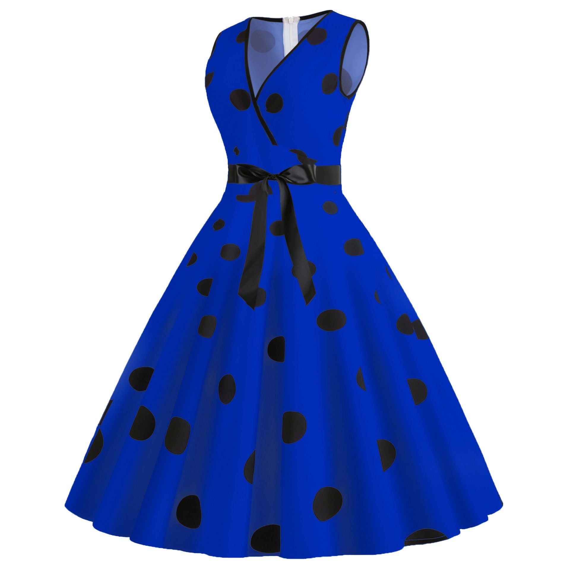 Womens 50s Vintage Retro Rockabilly Sleeveless V Neck Cocktail Party Swing Dress Blue