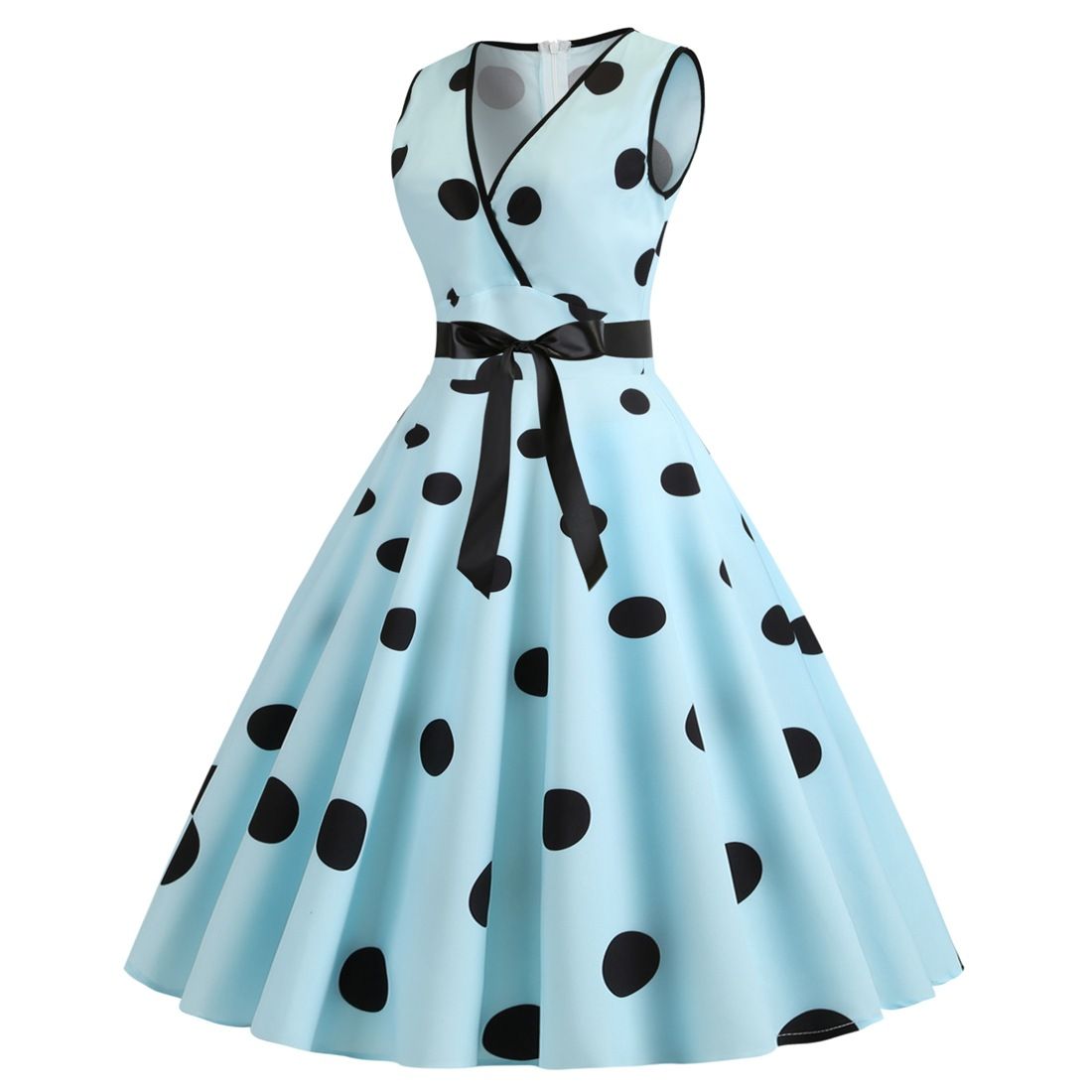 Womens 50s Vintage Retro Rockabilly Sleeveless V Neck Cocktail Party Swing Dress Light Blue
