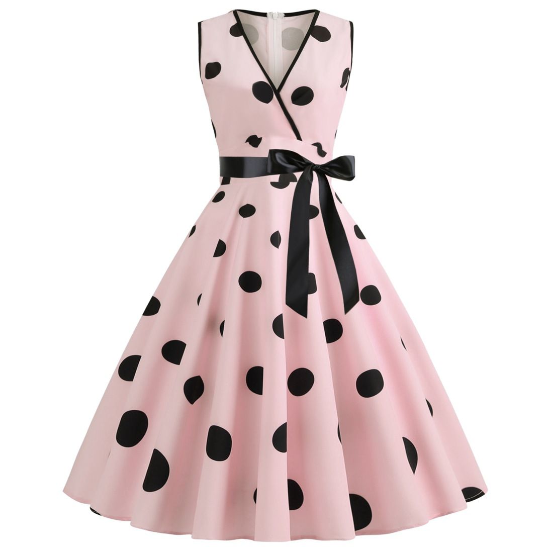 Womens 50s Vintage Retro Rockabilly Sleeveless V Neck Cocktail Party Swing Dress Pink