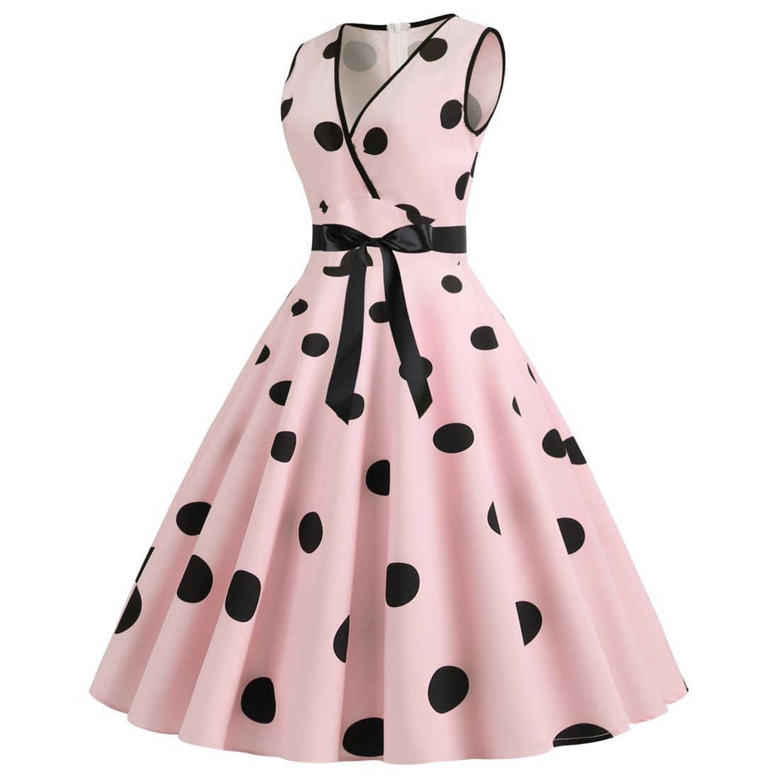 Womens 50s Vintage Retro Rockabilly Sleeveless V Neck Cocktail Party Swing Dress Pink