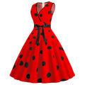 Womens 50s Vintage Retro Rockabilly Sleeveless V Neck Cocktail Party Swing Dress Red