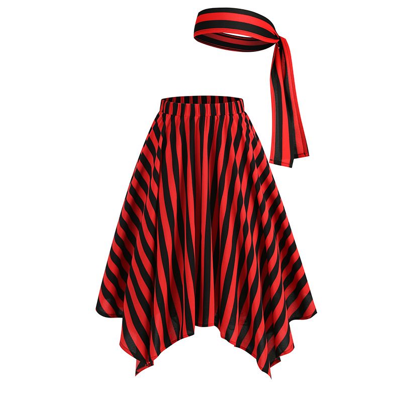 Womens A-Line Stripes Skirt with Headscarf Pirate Costume Midi Skirt Red