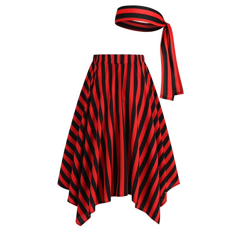 Womens A-Line Stripes Skirt with Headscarf Pirate Costume Midi Skirt Red