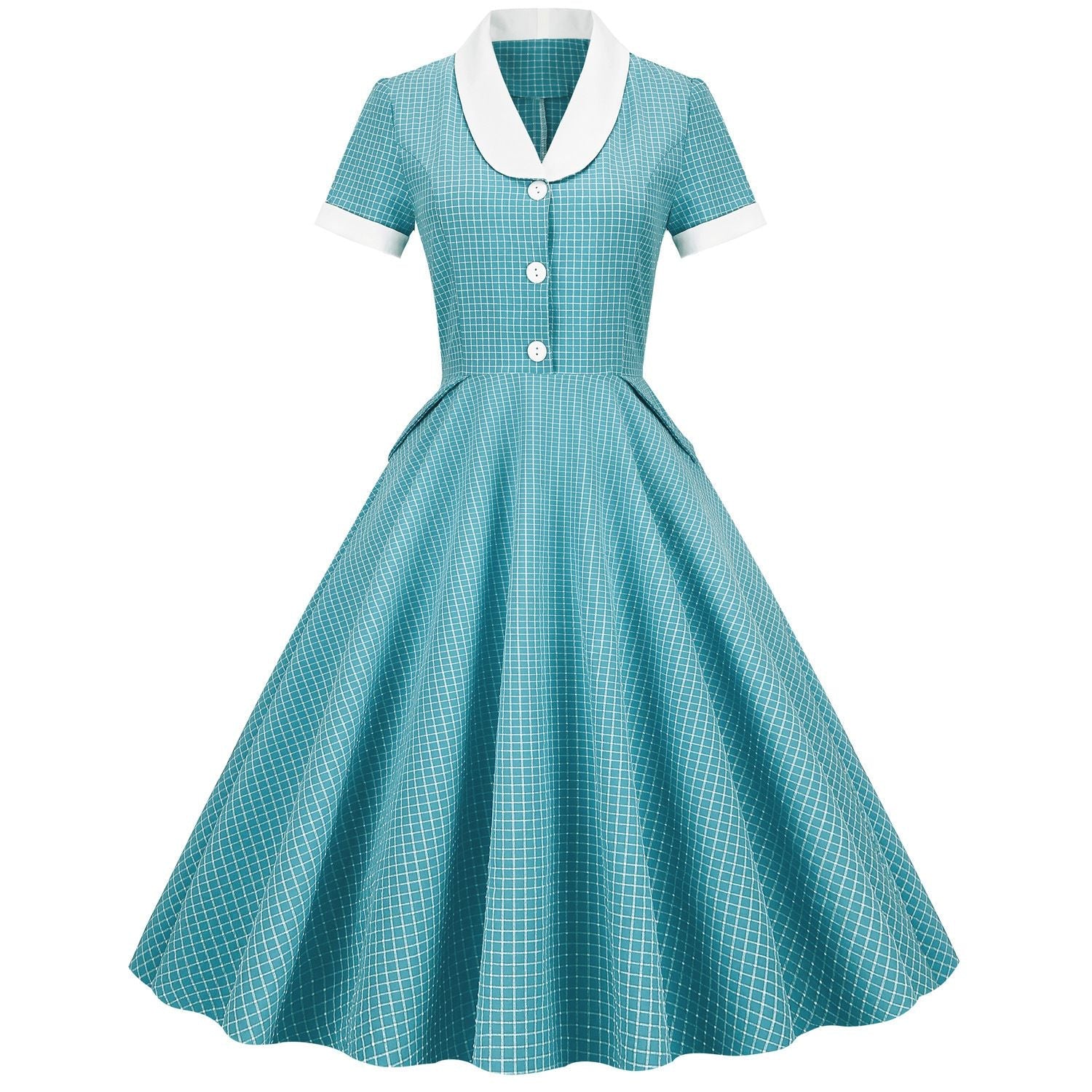 Womens A Line Cape Collar Vintage Swing 1950s Summer Cute Dress with Button Lake
