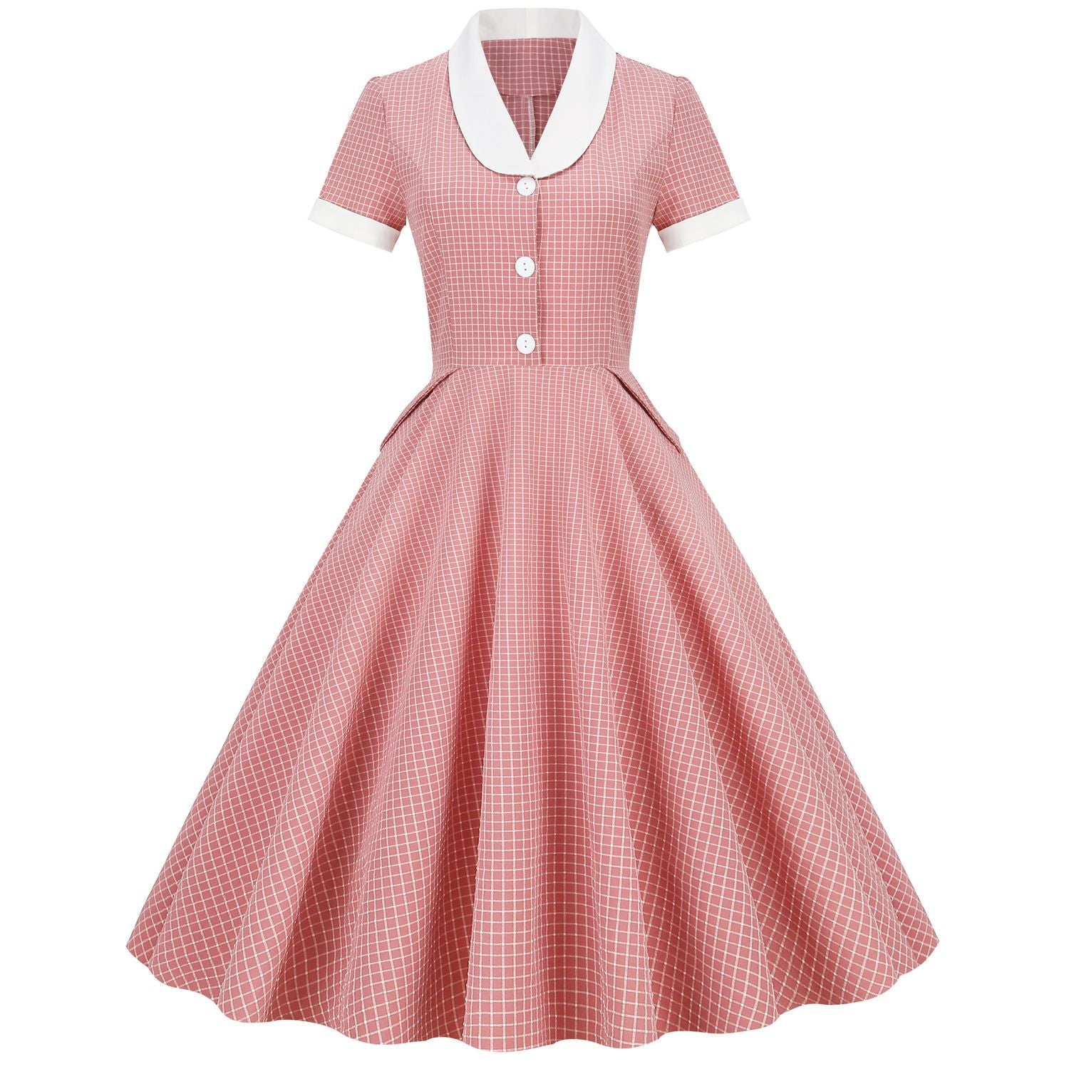 Womens A Line Cape Collar Vintage Swing 1950s Summer Cute Dress with Button Pink