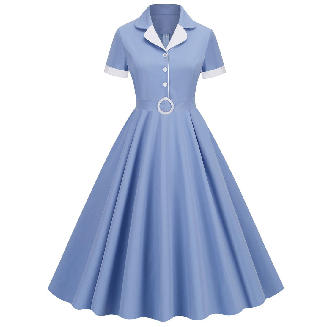 Womens Button Up 1950s Vintage Dresses Women Short Sleeve Belted Swing Dress Blue
