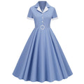 Womens Button Up 1950s Vintage Dresses Women Short Sleeve Belted Swing Dress Blue