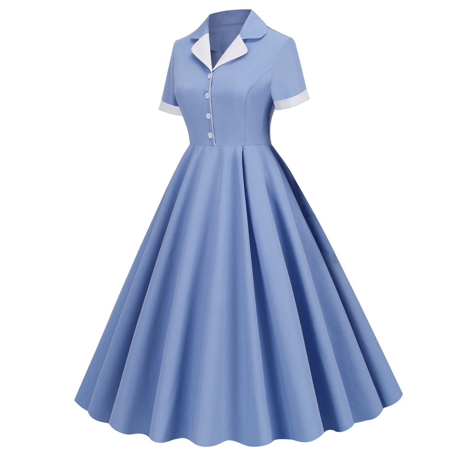 Womens Button Up 1950s Vintage Dresses Women Short Sleeve Belted Swing Dress Blue