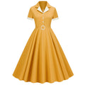 Womens Button Up 1950s Vintage Dresses Women Short Sleeve Belted Swing Dress Yellow