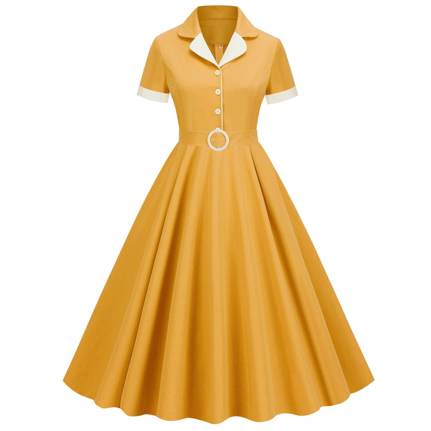 Womens Button Up 1950s Vintage Dresses Women Short Sleeve Belted Swing Dress Yellow