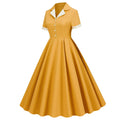 Womens Button Up 1950s Vintage Dresses Women Short Sleeve Belted Swing Dress Yellow