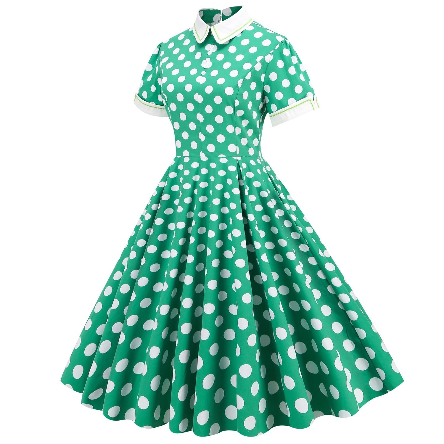 Womens Embroidery Collar Polka Dots 1950s Tea Party Vintage Cocktail Dress Green