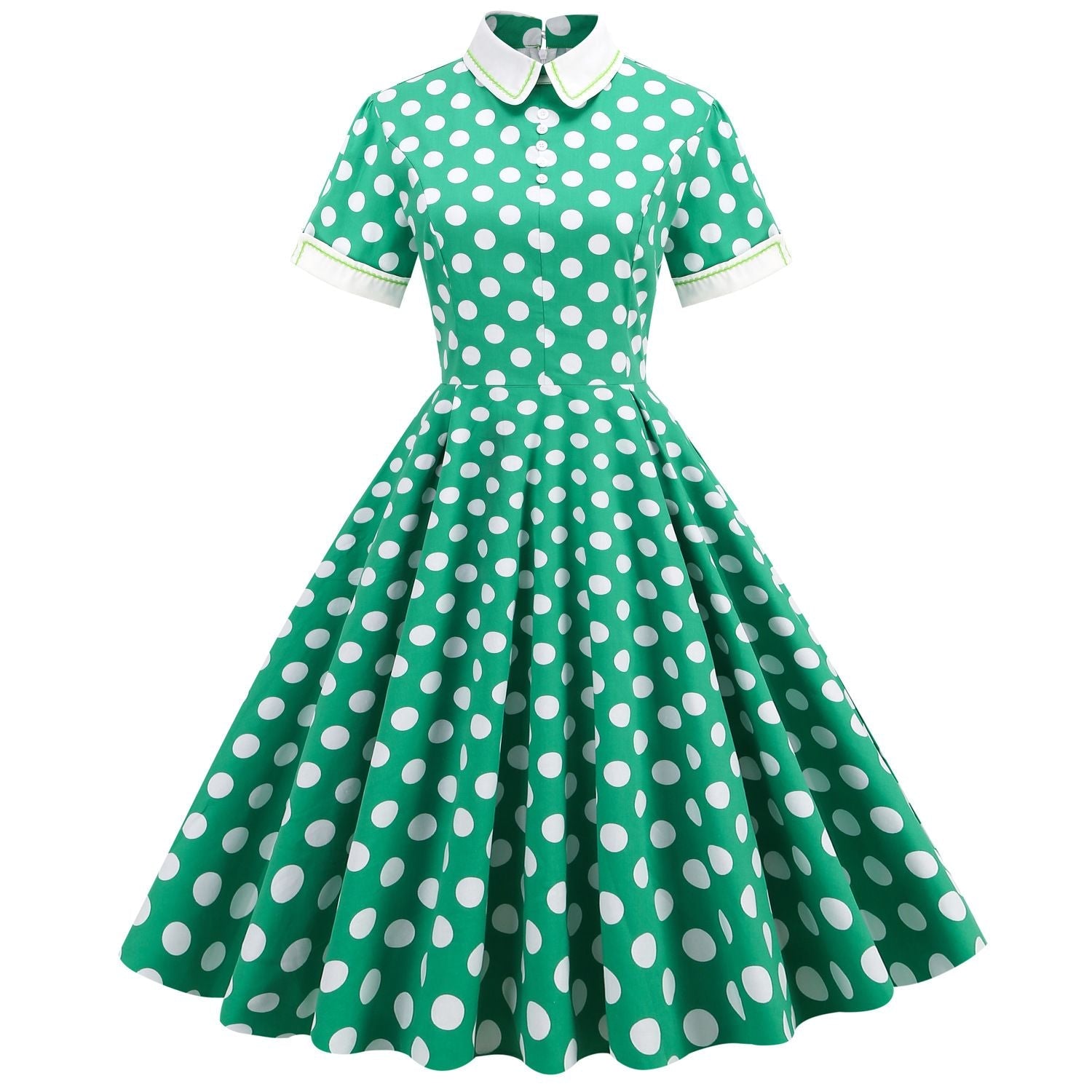 Womens Embroidery Collar Polka Dots 1950s Tea Party Vintage Cocktail Dress Green