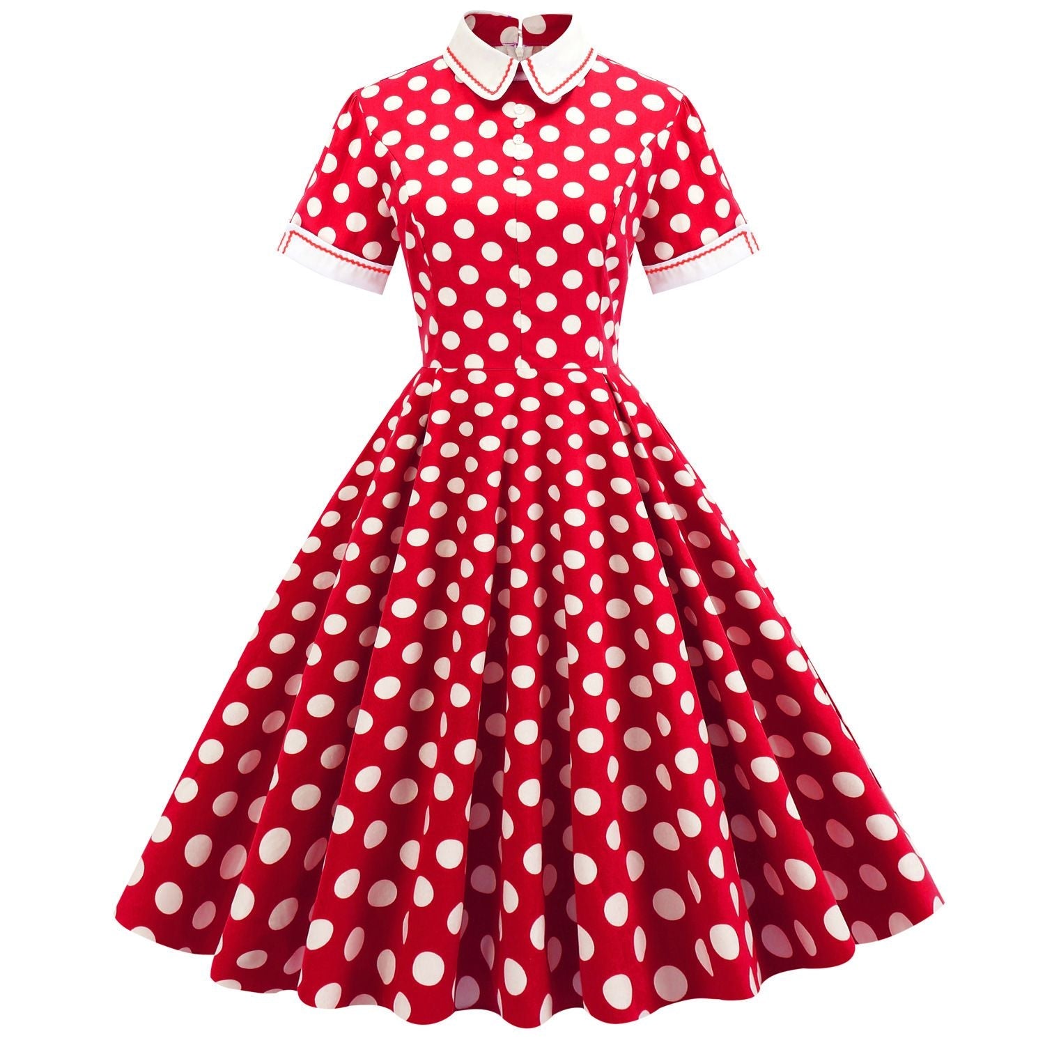 Womens Embroidery Collar Polka Dots 1950s Tea Party Vintage Cocktail Dress Red