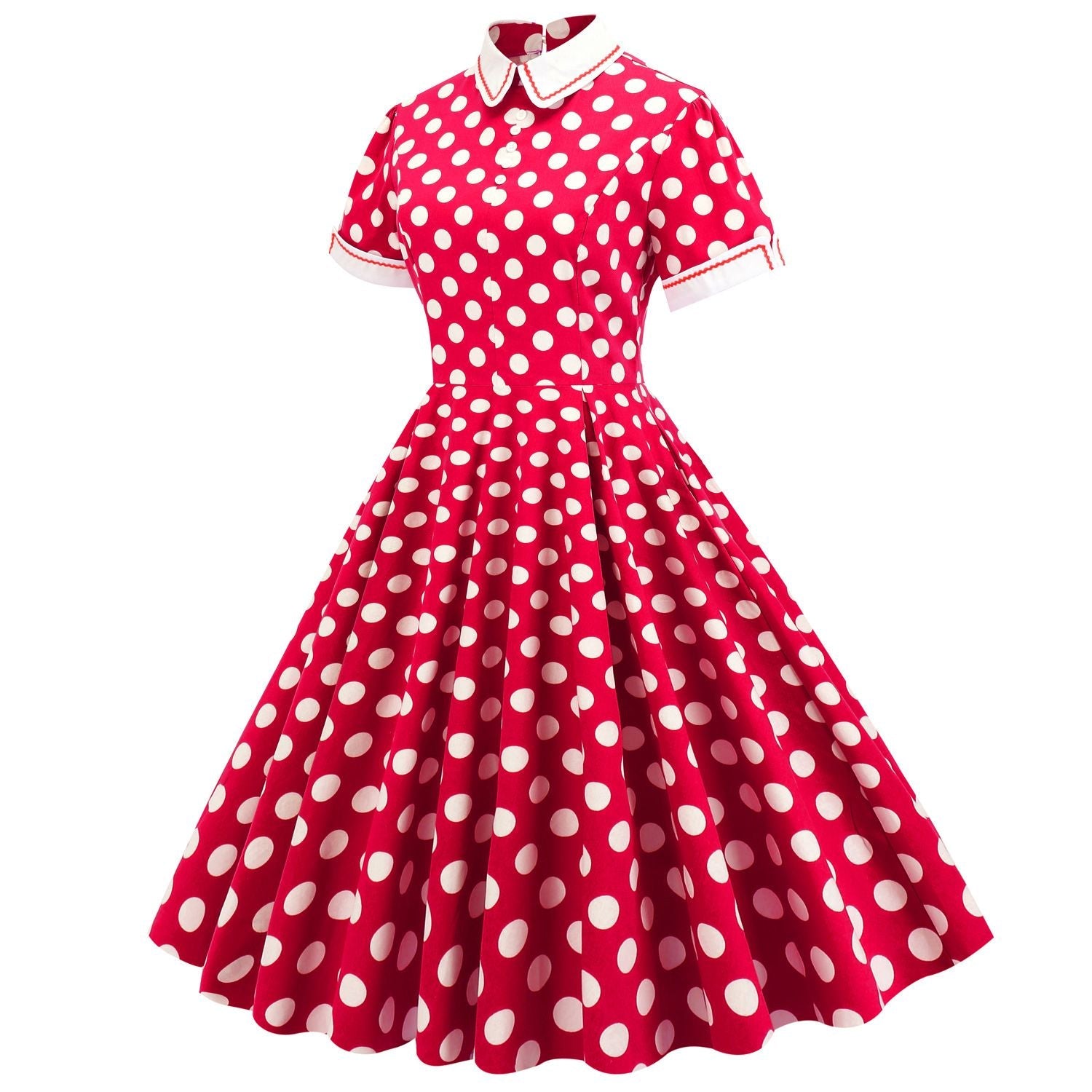 Womens Embroidery Collar Polka Dots 1950s Tea Party Vintage Cocktail Dress Red