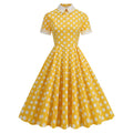 Womens Embroidery Collar Polka Dots 1950s Tea Party Vintage Cocktail Dress Yellow