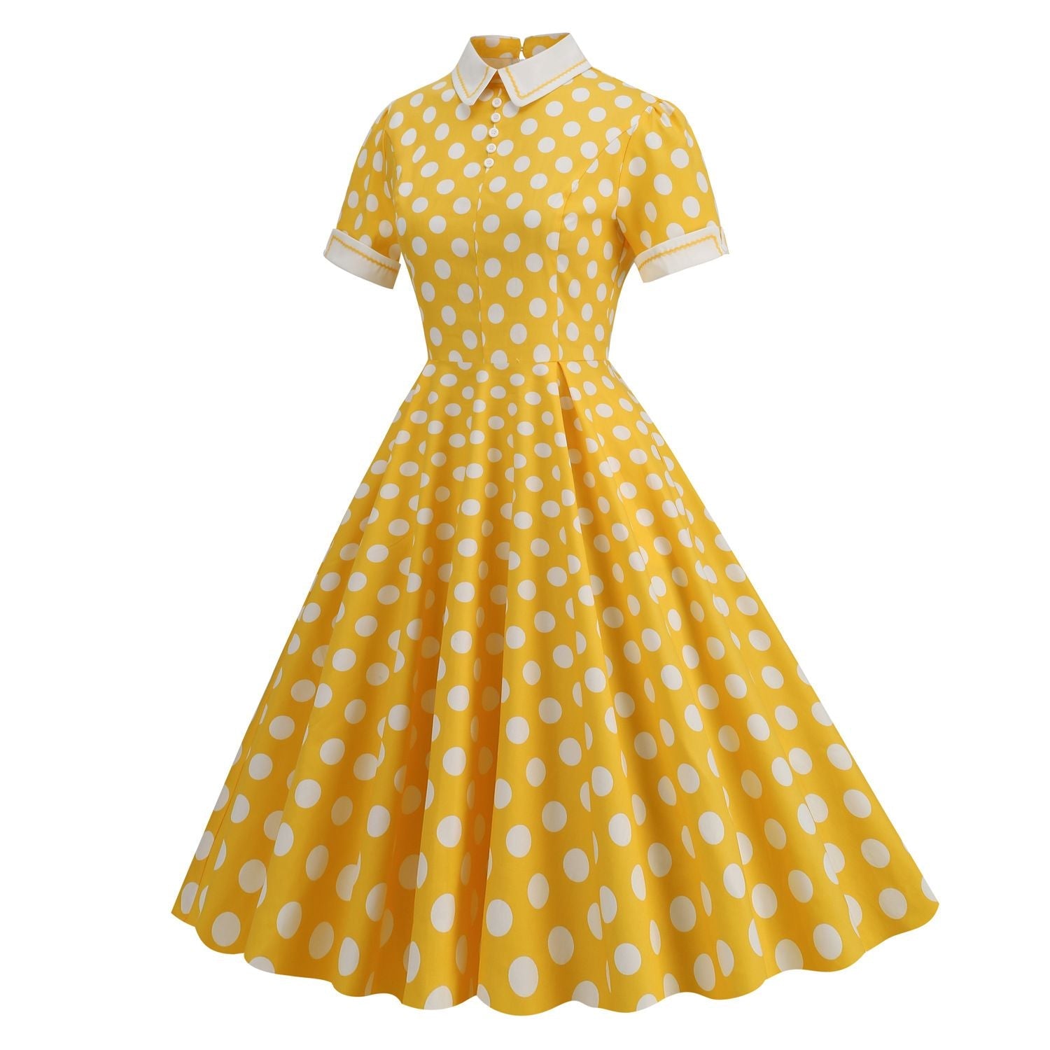 Womens Embroidery Collar Polka Dots 1950s Tea Party Vintage Cocktail Dress Yellow
