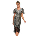 Womens Flapper Dress 1920S V Neck Beaded Fringed Dress Lace Sleeve Cocktail Party Dress Gold