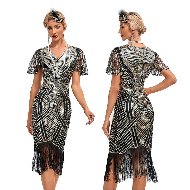 Womens Flapper Dress 1920S V Neck Beaded Fringed Dress Lace Sleeve Cocktail Party Dress Gold