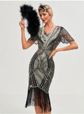 Womens Flapper Dress 1920S V Neck Beaded Fringed Dress Lace Sleeve Cocktail Party Dress Gold
