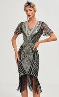 Womens Flapper Dress 1920S V Neck Beaded Fringed Dress Lace Sleeve Cocktail Party Dress Gold