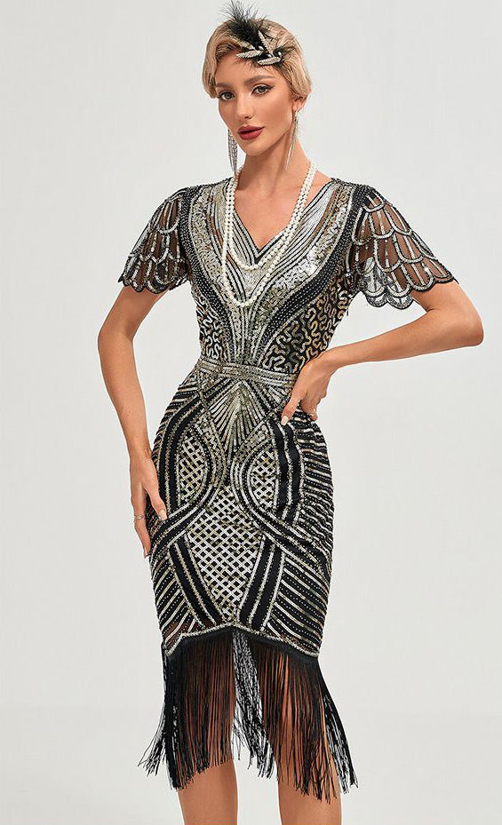 Womens Flapper Dress 1920S V Neck Beaded Fringed Dress Lace Sleeve Cocktail Party Dress Gold
