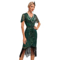 Womens Flapper Dress 1920S V Neck Beaded Fringed Dress Lace Sleeve Cocktail Party Dress Green