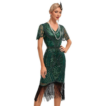 Womens Flapper Dress 1920S V Neck Beaded Fringed Dress Lace Sleeve Cocktail Party Dress Green