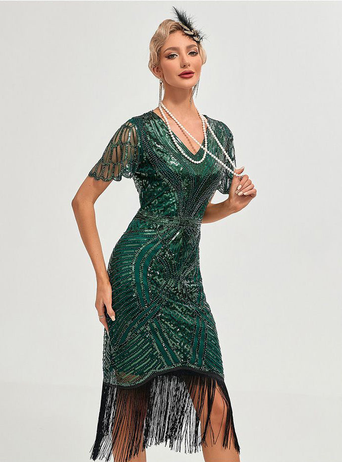 Womens Flapper Dress 1920S V Neck Beaded Fringed Dress Lace Sleeve Cocktail Party Dress Green