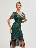 Womens Flapper Dress 1920S V Neck Beaded Fringed Dress Lace Sleeve Cocktail Party Dress Green