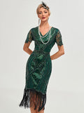 Womens Flapper Dress 1920S V Neck Beaded Fringed Dress Lace Sleeve Cocktail Party Dress Green
