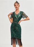 Womens Flapper Dress 1920S V Neck Beaded Fringed Dress Lace Sleeve Cocktail Party Dress Green