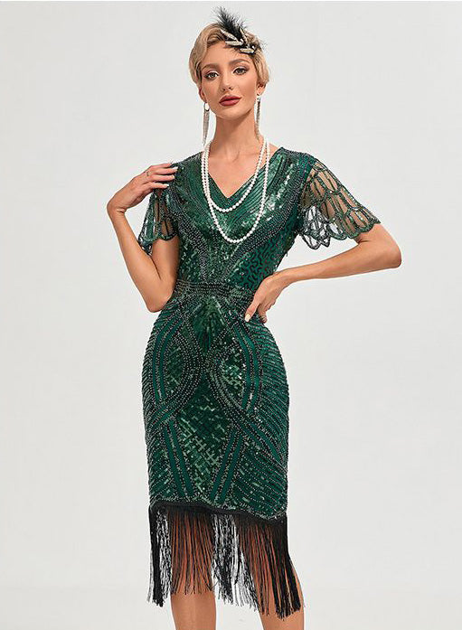 Womens Flapper Dress 1920S V Neck Beaded Fringed Dress Lace Sleeve Cocktail Party Dress Green