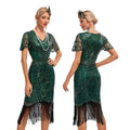 Womens Flapper Dress 1920S V Neck Beaded Fringed Dress Lace Sleeve Cocktail Party Dress Green