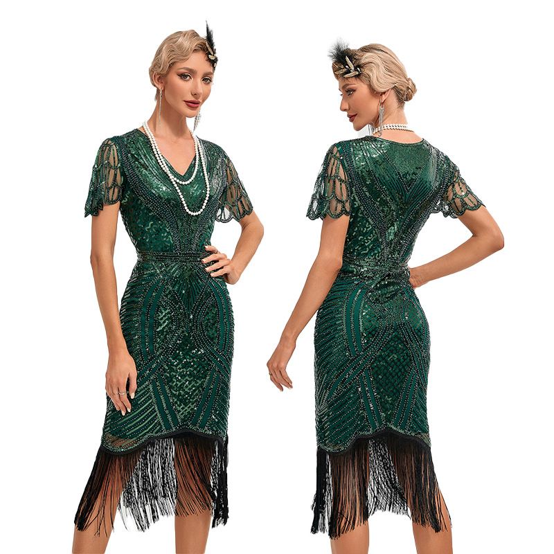 Womens Flapper Dress 1920S V Neck Beaded Fringed Dress Lace Sleeve Cocktail Party Dress Green