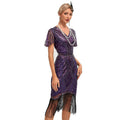 Womens Flapper Dress 1920S V Neck Beaded Fringed Dress Lace Sleeve Cocktail Party Dress Purple