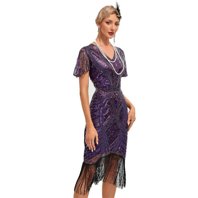 Womens Flapper Dress 1920S V Neck Beaded Fringed Dress Lace Sleeve Cocktail Party Dress Purple