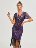Womens Flapper Dress 1920S V Neck Beaded Fringed Dress Lace Sleeve Cocktail Party Dress Purple 