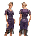 Womens Flapper Dress 1920S V Neck Beaded Fringed Dress Lace Sleeve Cocktail Party Dress Purple 