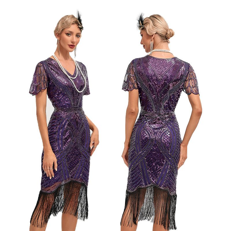 Womens Flapper Dress 1920S V Neck Beaded Fringed Dress Lace Sleeve Cocktail Party Dress Purple 
