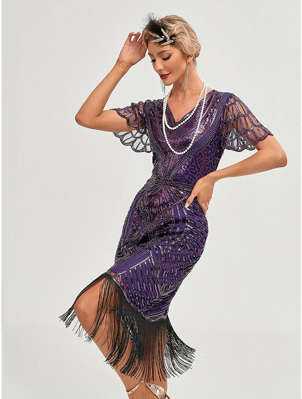 Womens Flapper Dress 1920S V Neck Beaded Fringed Dress Lace Sleeve Cocktail Party Dress Purple