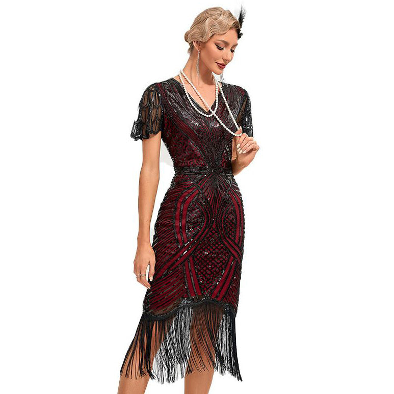 Womens Flapper Dress 1920S V Neck Beaded Fringed Dress Lace Sleeve Cocktail Party Dress Red