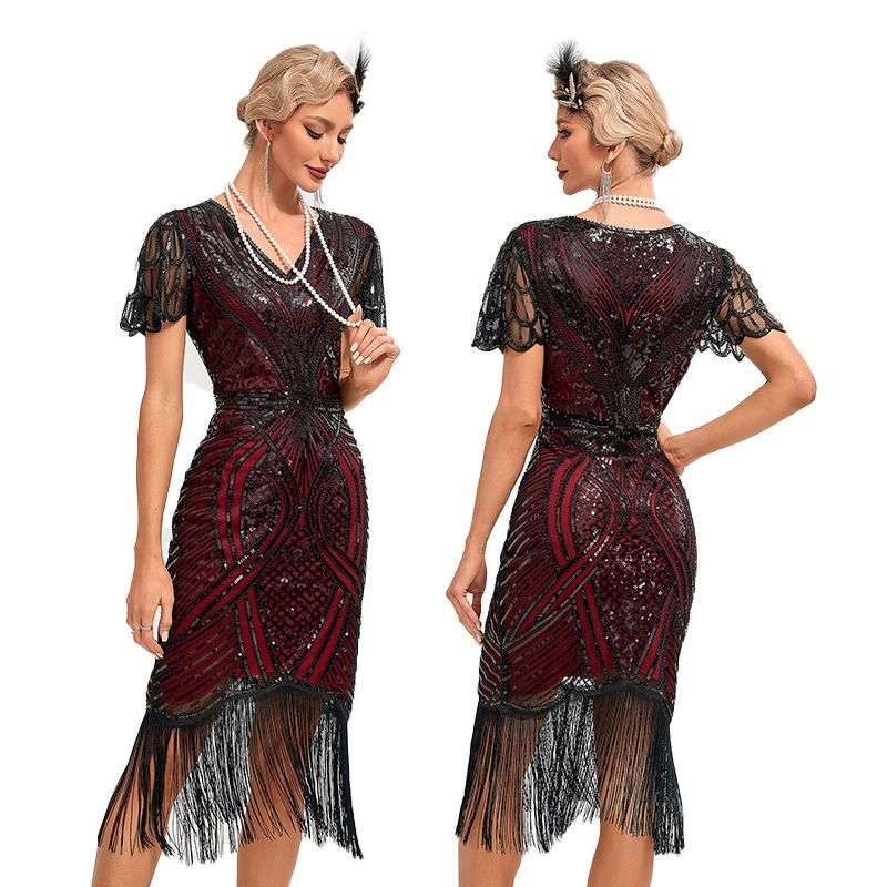 Womens Flapper Dress 1920S V Neck Beaded Fringed Dress Lace Sleeve Cocktail Party Dress Red