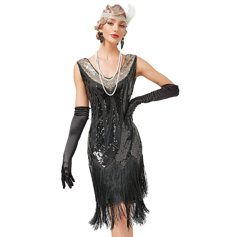 Womens Flapper Dress Sequined Fringe 1920s Gatsby Party Cocktail Dresses Black