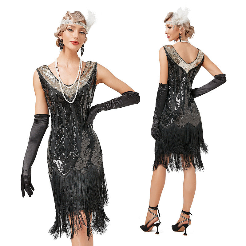Womens Flapper Dress Sequined Fringe 1920s Gatsby Party Cocktail Dresses Black